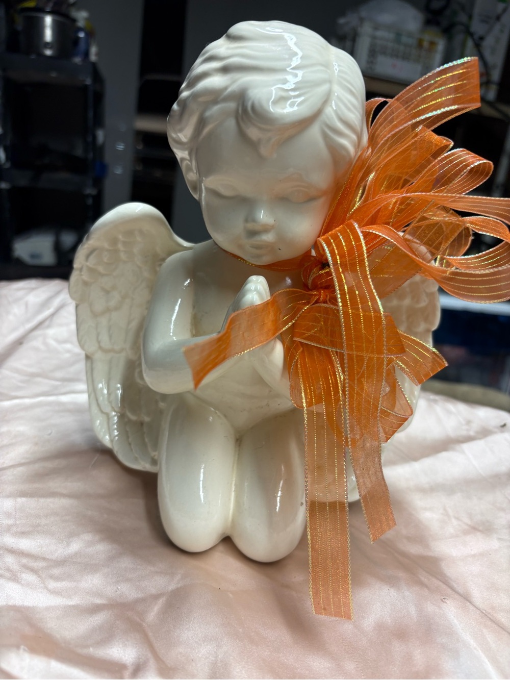 Ceramic Praying Angel Figurine with Orange Ribbon